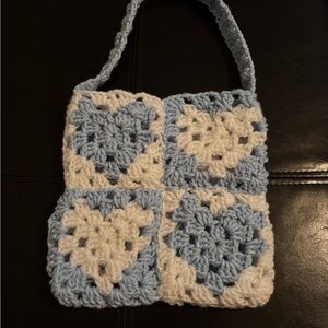 Handmade Crochet Heart Pattern Bag - Blue and White